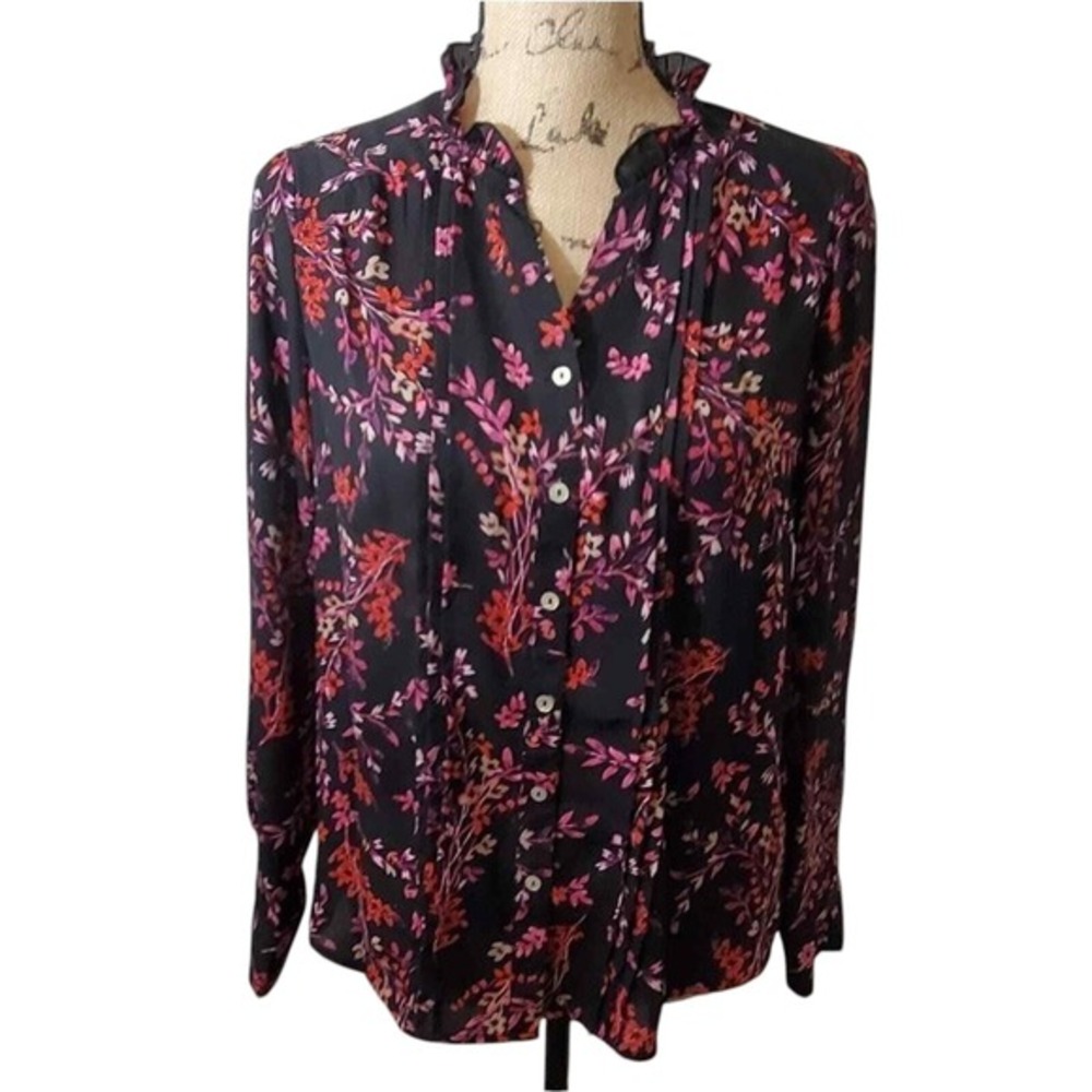 nanette Lepore Floral Ruffle Neck‎ Long Sleeve Blouse Button Down Top Size Small